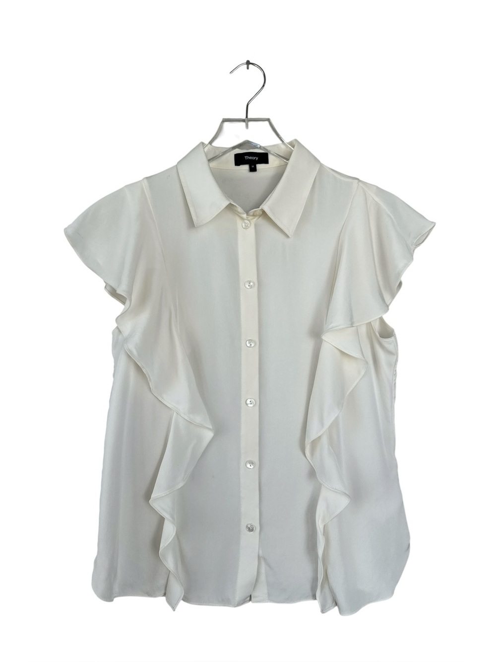 Theory 100% Silk Ruffle Blouse Ivory Button Front Top Size M